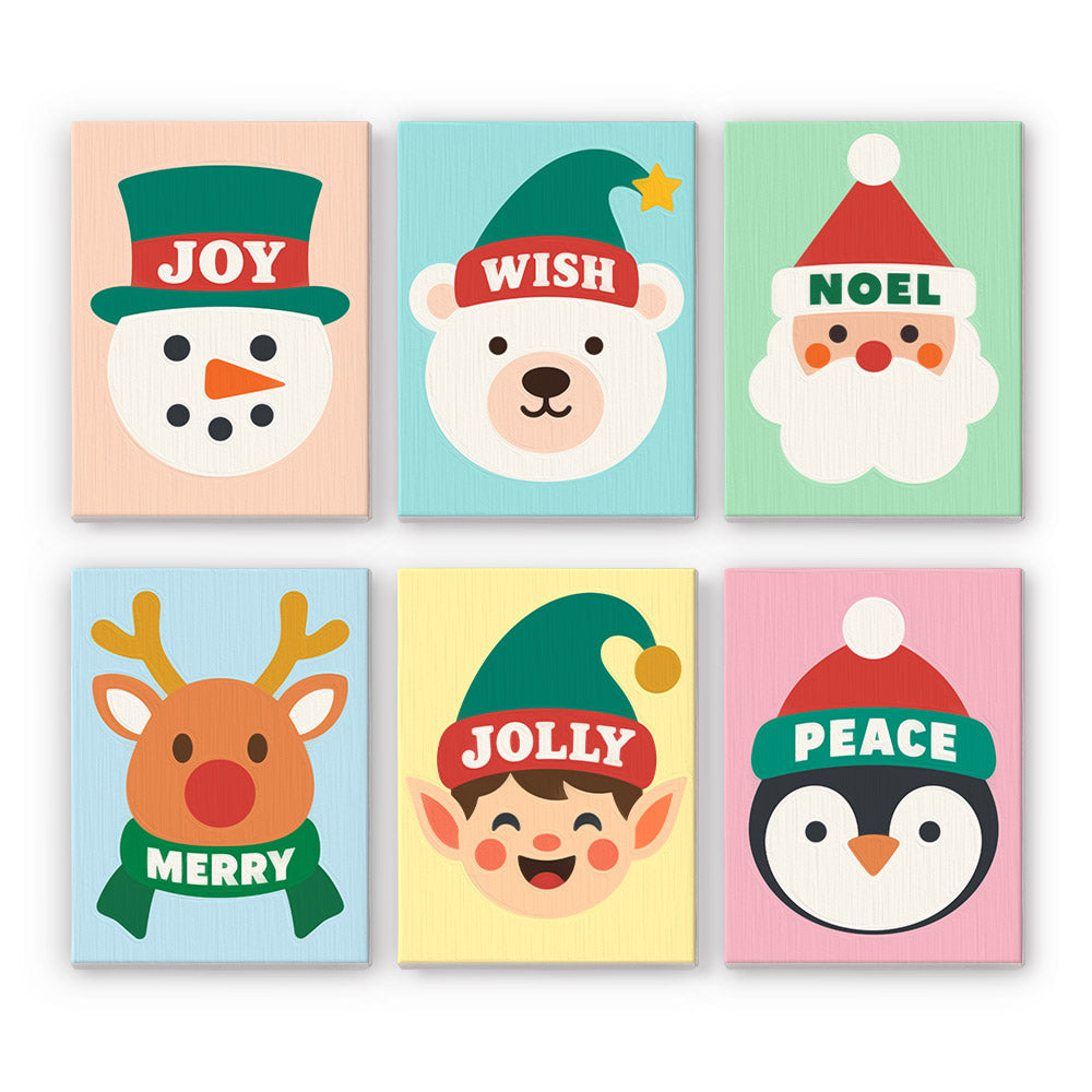 Greeting Hats on Happy Faces mini paint by numbers – Snowman, polar bear, Santa, reindeer, elf and penguin faces with Joy, Wish, Noel, Merry, Jolly, Peace on hats