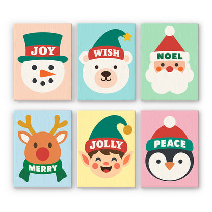 Greeting Hats on Happy Faces mini paint by numbers – Snowman, polar bear, Santa, reindeer, elf and penguin faces with Joy, Wish, Noel, Merry, Jolly, Peace on hats
