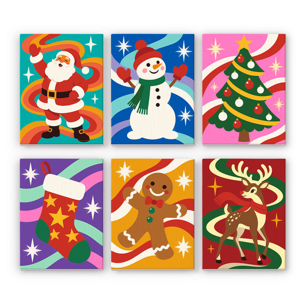 Groovy Rainbow Swirl Christmas mini paint by numbers – Santa, snowman, Christmas tree, stocking, gingerbread man and reindeer on swirling rainbow ribbon backgrounds