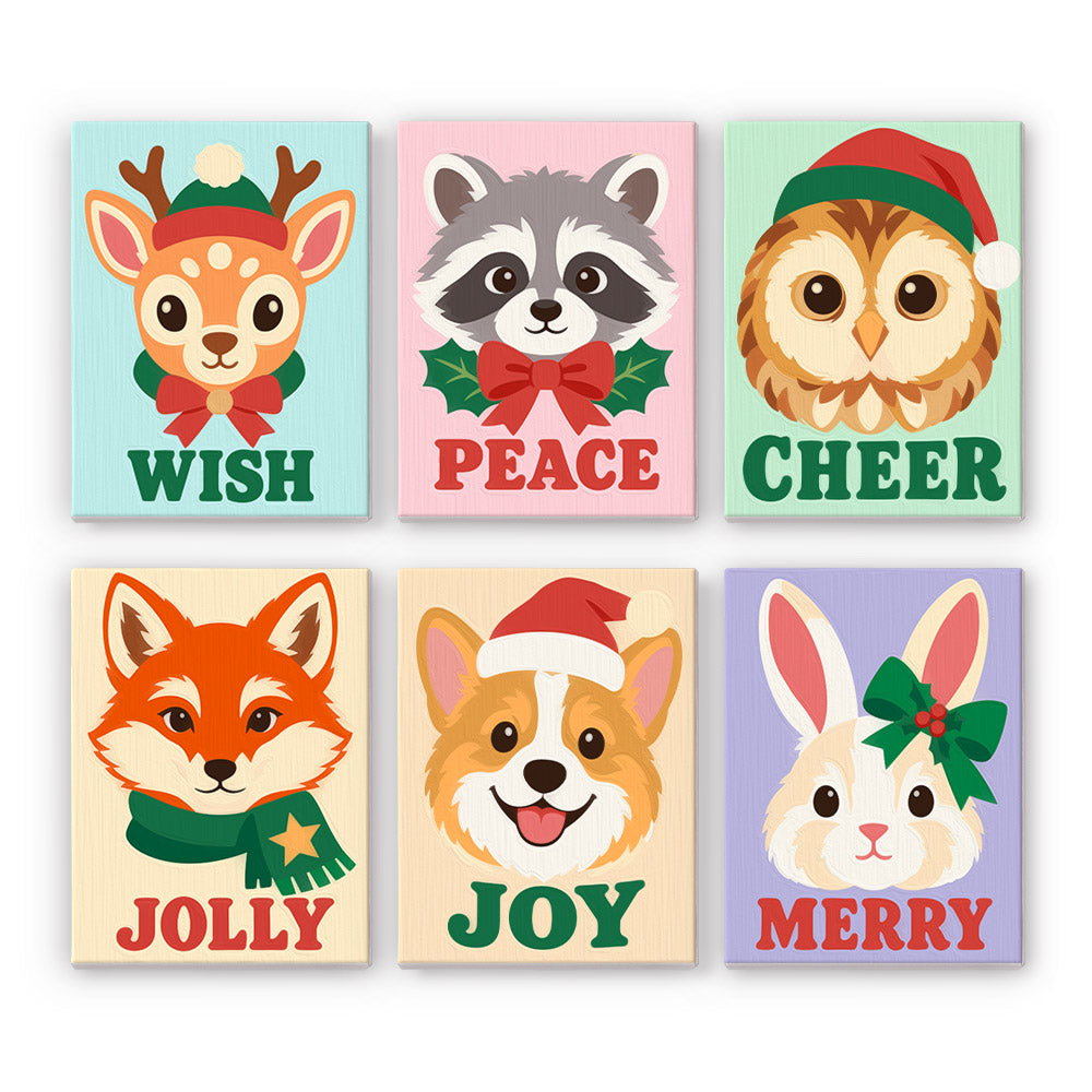 Woodland Faces Saying Cheer mini paint by numbers – Fawn, raccoon, owl, fox, corgi and bunny faces over Wish, Peace, Cheer, Jolly, Joy and Merry