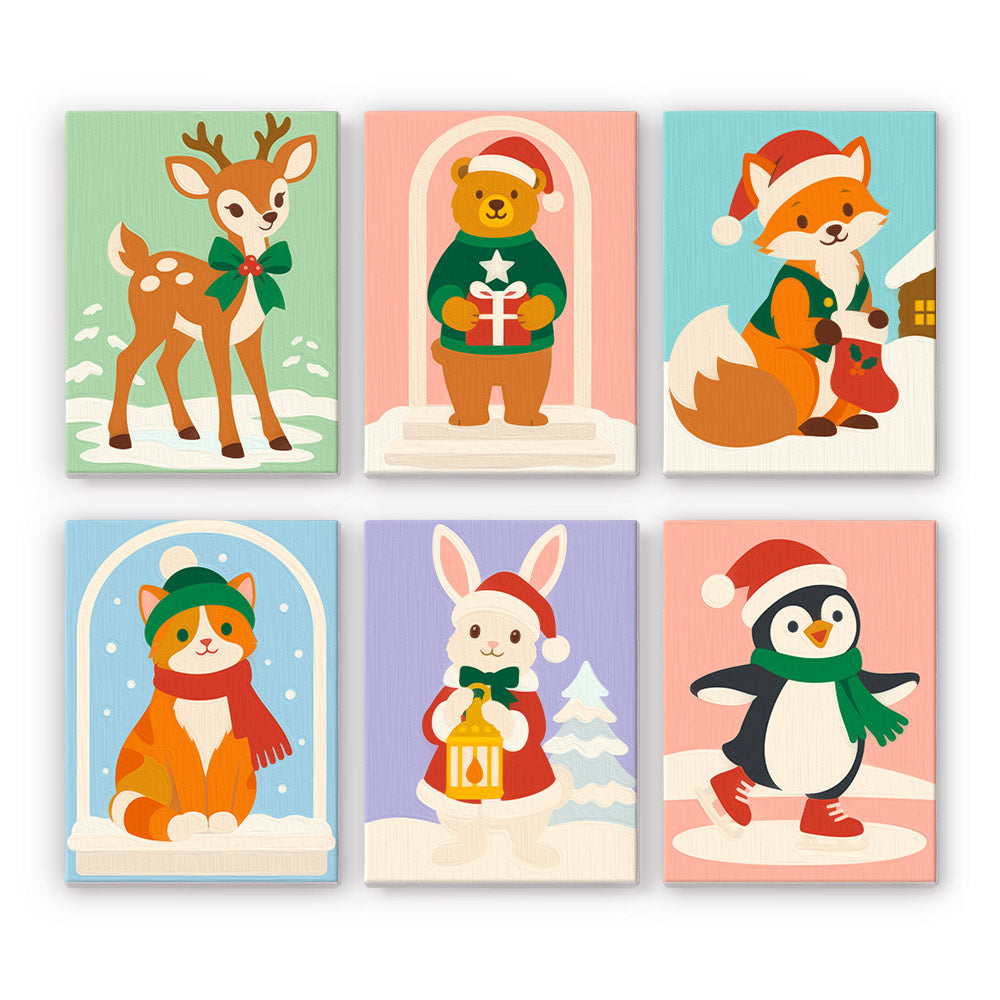 Lantern Bunny and Snowy Friends mini paint by numbers – Fawn, teddy bear, fox, kitten, bunny with lantern and penguin in hats and scarves on soft snowy pastels