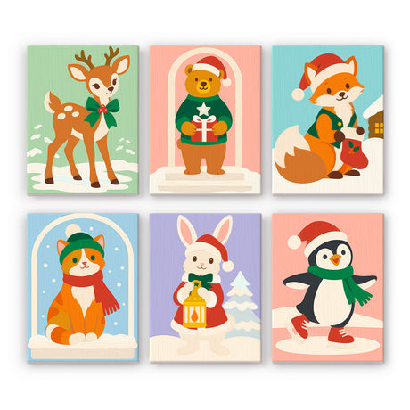 Lantern Bunny and Snowy Friends mini paint by numbers – Fawn, teddy bear, fox, kitten, bunny with lantern and penguin in hats and scarves on soft snowy pastels