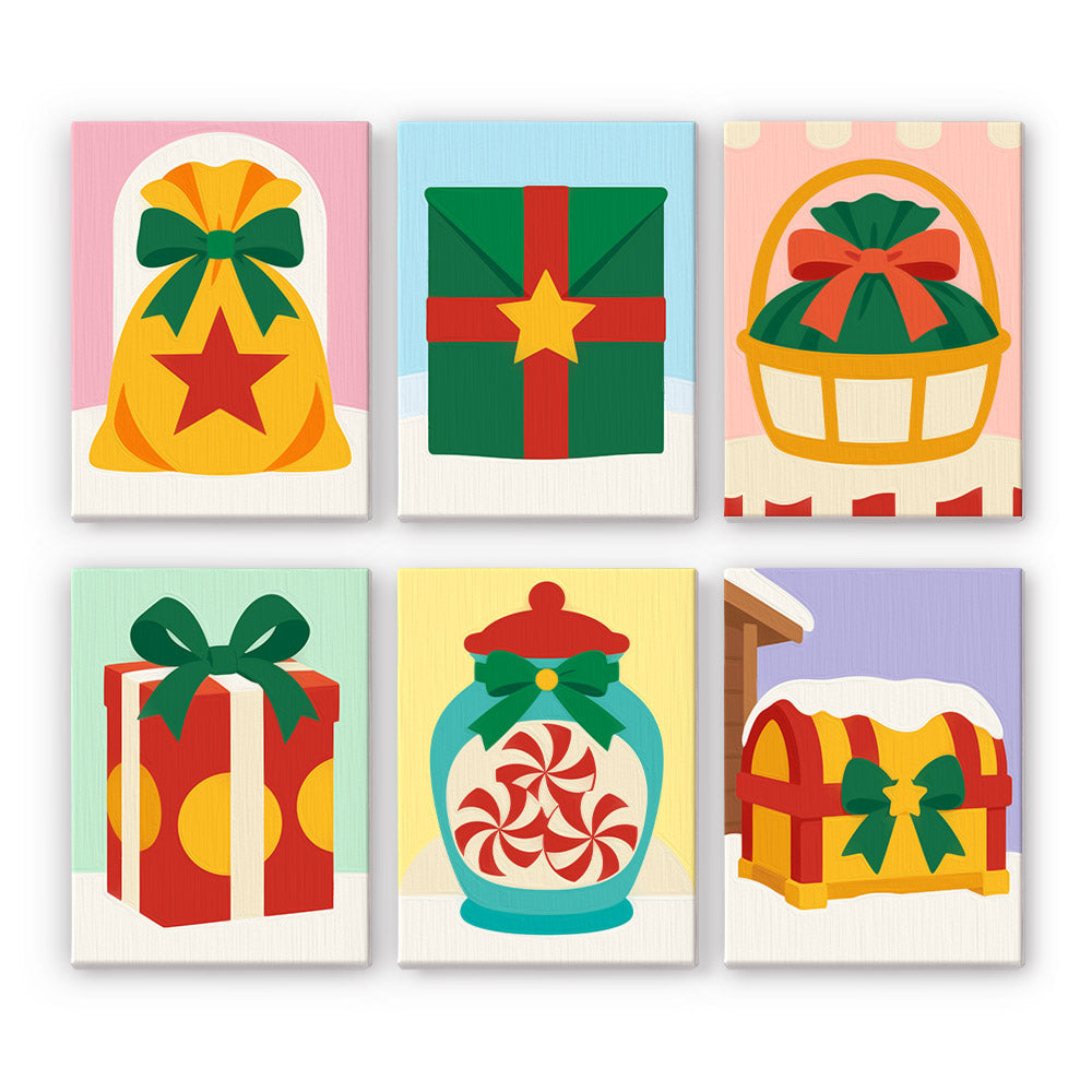 Peppermint Jar and Gift Basket mini paint by numbers – Gift sack, wrapped box, gift basket, polka-dot present, peppermint candy jar and snowy treasure chest