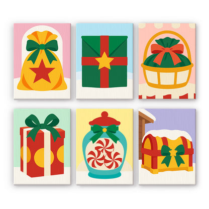 Peppermint Jar and Gift Basket mini paint by numbers – Gift sack, wrapped box, gift basket, polka-dot present, peppermint candy jar and snowy treasure chest