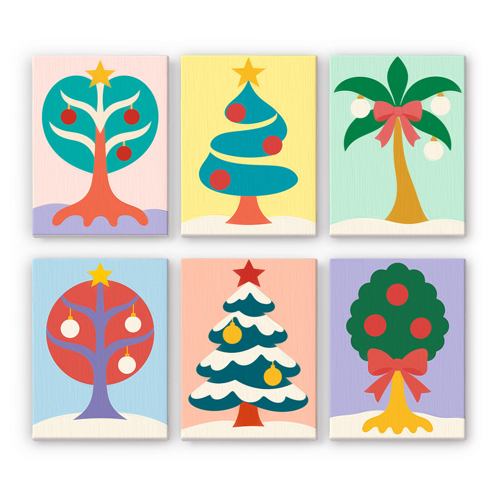 Whimsical Trees and Holiday Palm mini paint by numbers – Stylized trees: round ornament tree, spiral pine, palm with bow, bauble tree, snowy fir and bow-tied topiary