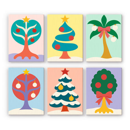 Whimsical Trees and Holiday Palm mini paint by numbers – Stylized trees: round ornament tree, spiral pine, palm with bow, bauble tree, snowy fir and bow-tied topiary