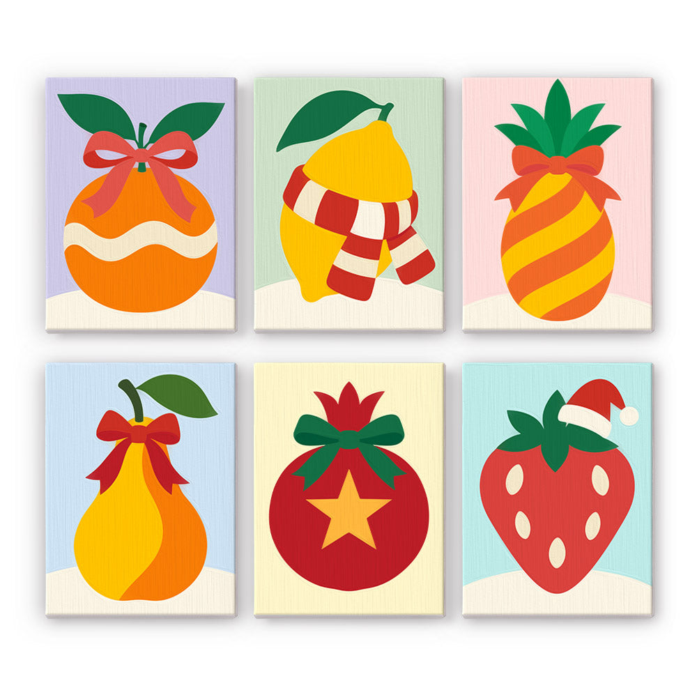 Strawberry and Striped Pineapple mini paint by numbers – Orange, lemon in a scarf, striped pineapple, pear, pomegranate and strawberry in a Santa hat with bows
