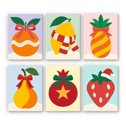 Strawberry and Striped Pineapple mini paint by numbers – Orange, lemon in a scarf, striped pineapple, pear, pomegranate and strawberry in a Santa hat with bows