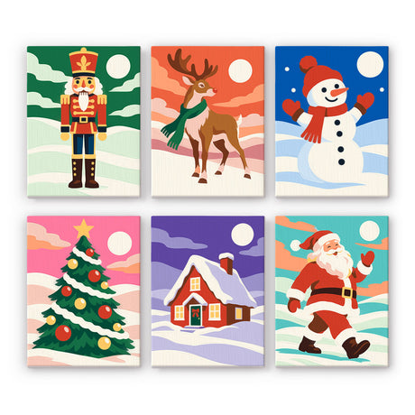 Snowy Hills Under Big Moons mini paint by numbers – Nutcracker, reindeer, snowman, Christmas tree, red cottage and walking Santa on snowy hills under bright skies