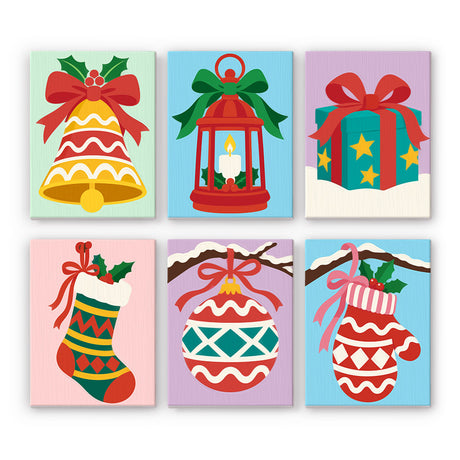 Ribbon-Tied Bells and Baubles mini paint by numbers – Golden bell, candle lantern, star gift box, striped stocking, bauble and mitten tied with ribbon bows