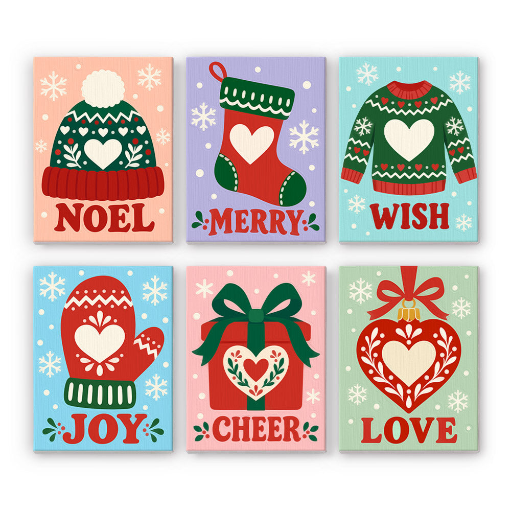 Nordic Knit Hearts and Greetings mini paint by numbers – Fair Isle beanie, stocking, sweater, mitten, gift and heart with Noel, Merry, Wish, Joy, Cheer and Love