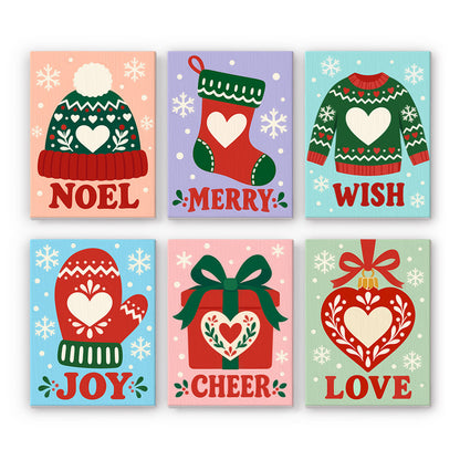 Nordic Knit Hearts and Greetings mini paint by numbers – Fair Isle beanie, stocking, sweater, mitten, gift and heart with Noel, Merry, Wish, Joy, Cheer and Love