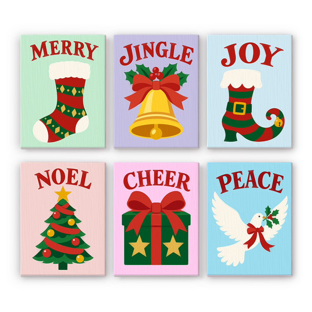 Jingle, Cheer and Peace Dove mini paint by numbers – Stocking, bell, elf boot, tree, gift and dove under red Merry, Jingle, Joy, Noel, Cheer and Peace lettering