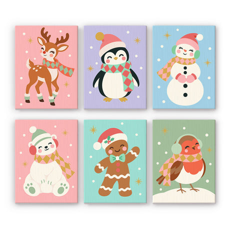Pastel Earmuff Winter Cuties mini paint by numbers – Fawn, penguin, snowman, polar bear, gingerbread man and robin in scarves and earmuffs on soft pastel backgrounds