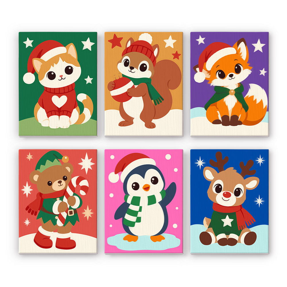 Santa-Hat Babies on Bold Colors mini paint by numbers – Kitten, squirrel, fox, elf teddy bear, penguin and reindeer in hats and scarves on bold starry backgrounds