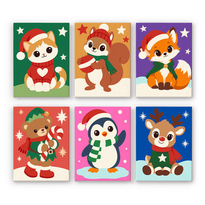 Santa-Hat Babies on Bold Colors mini paint by numbers – Kitten, squirrel, fox, elf teddy bear, penguin and reindeer in hats and scarves on bold starry backgrounds
