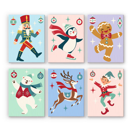 Retro Dancing Holiday Parade mini paint by numbers – Marching nutcracker, skating penguin, dancing gingerbread, polar bear, leaping reindeer and elf in retro style