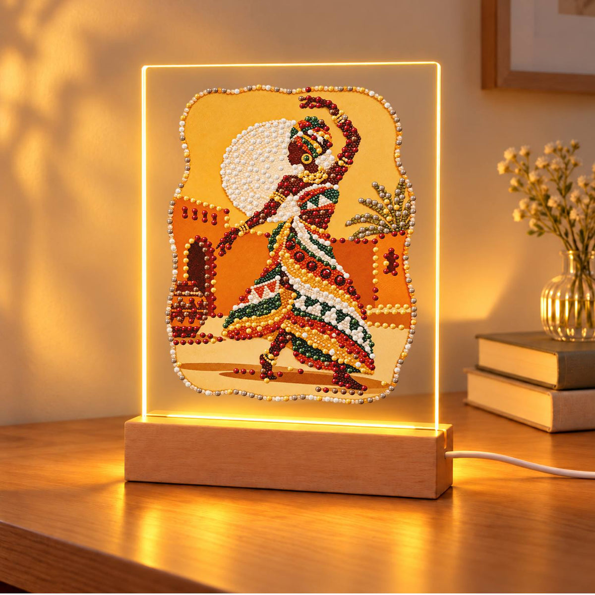 Dancer in a Bold Patterned Gown (Light-Up Pearl Painting)