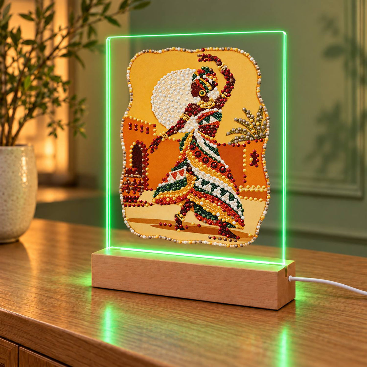 Dancer in a Bold Patterned Gown (Light-Up Pearl Painting)