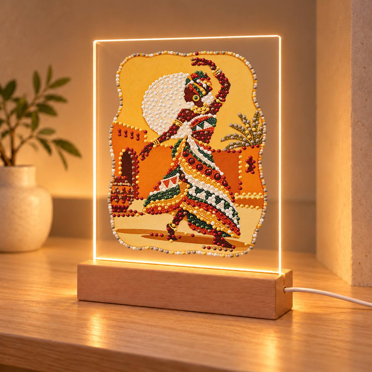Dancer in a Bold Patterned Gown (Light-Up Pearl Painting)