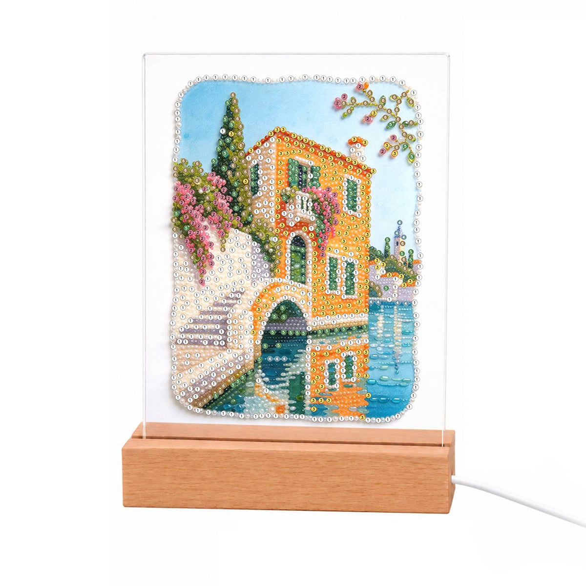 Canal-Side Villa and Stone Bridge light-up pearl painting – Peach-colored canal house with flower-draped balconies beside an arched stone bridge over blue water