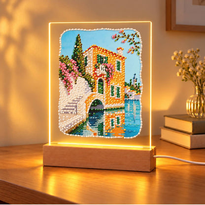 Canal-Side Villa and Stone Bridge (Light-Up Pearl Painting)