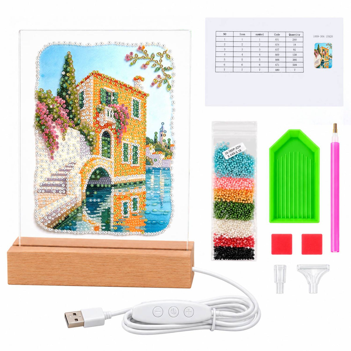 Canal-Side Villa and Stone Bridge (Light-Up Pearl Painting)