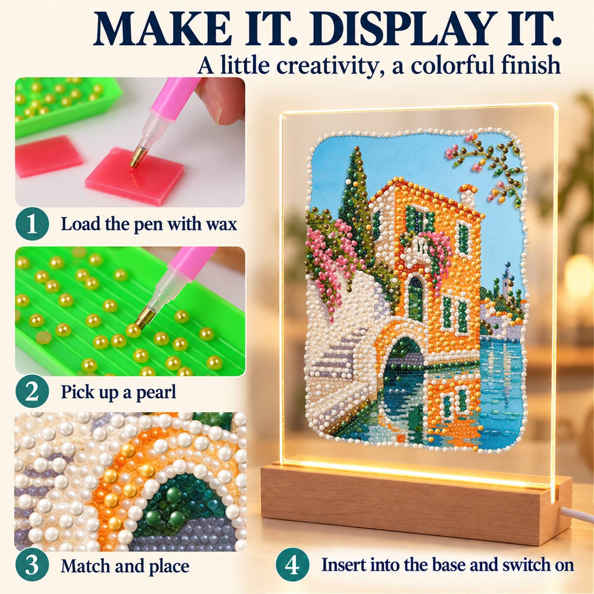 Canal-Side Villa and Stone Bridge (Light-Up Pearl Painting)