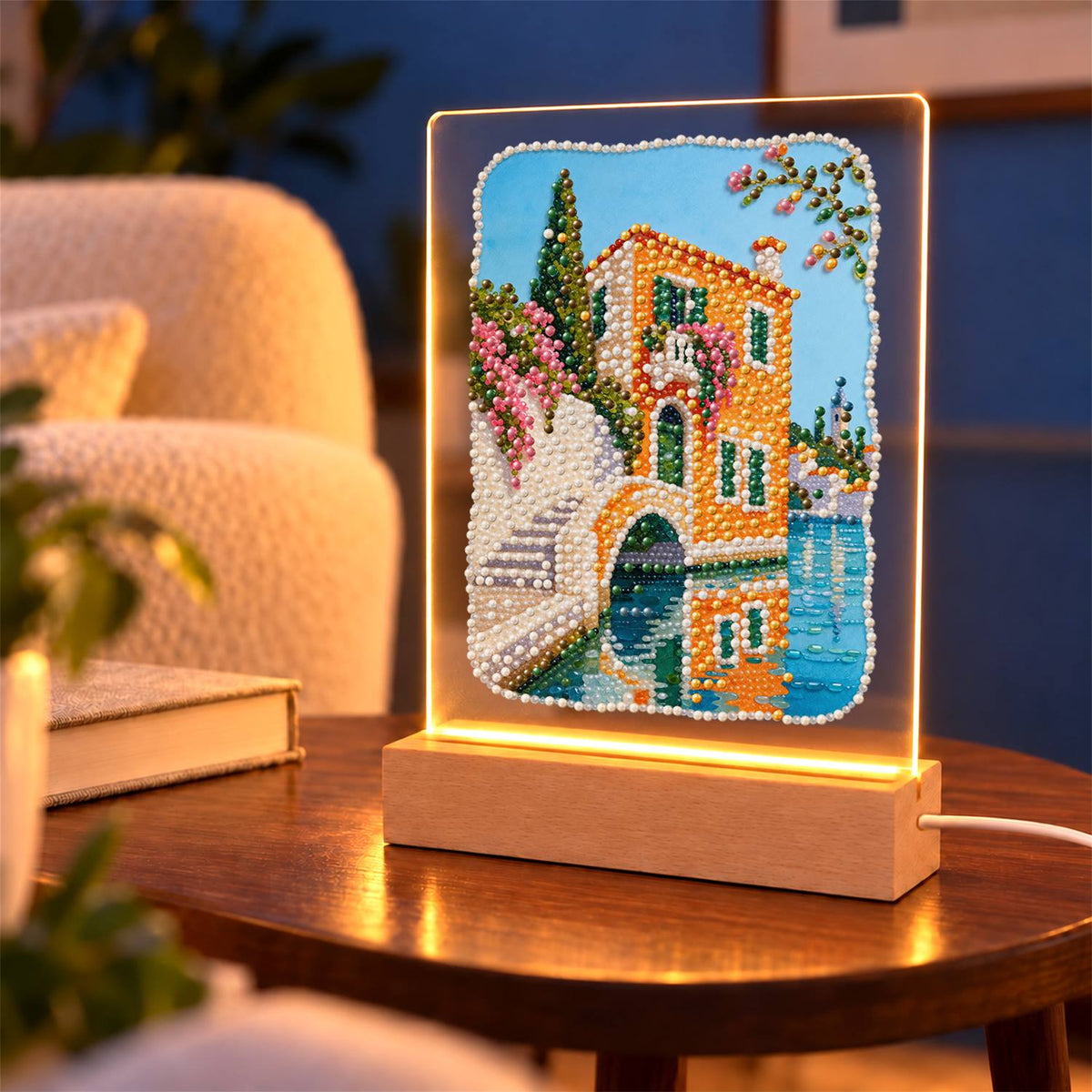 Canal-Side Villa and Stone Bridge (Light-Up Pearl Painting)