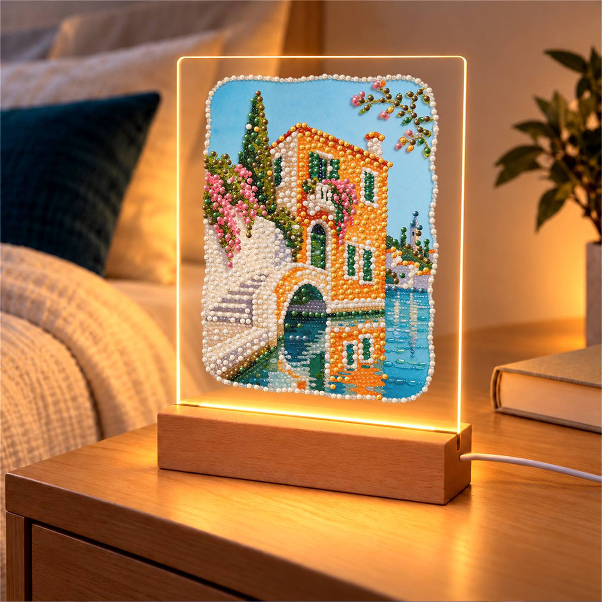 Canal-Side Villa and Stone Bridge (Light-Up Pearl Painting)