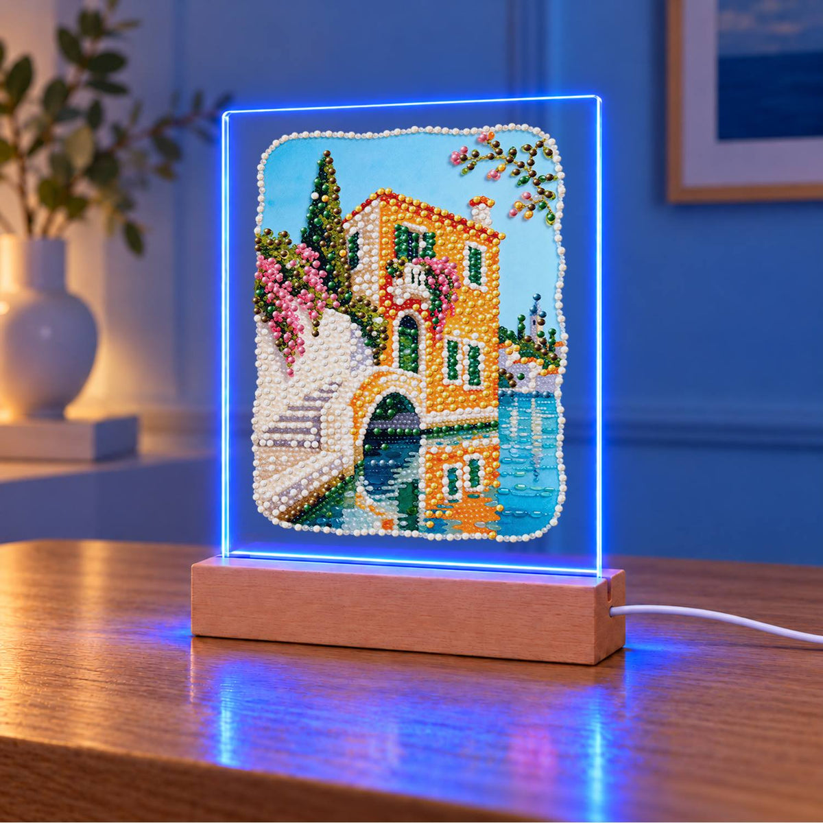 Canal-Side Villa and Stone Bridge (Light-Up Pearl Painting)