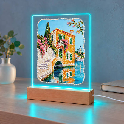 Canal-Side Villa and Stone Bridge (Light-Up Pearl Painting)