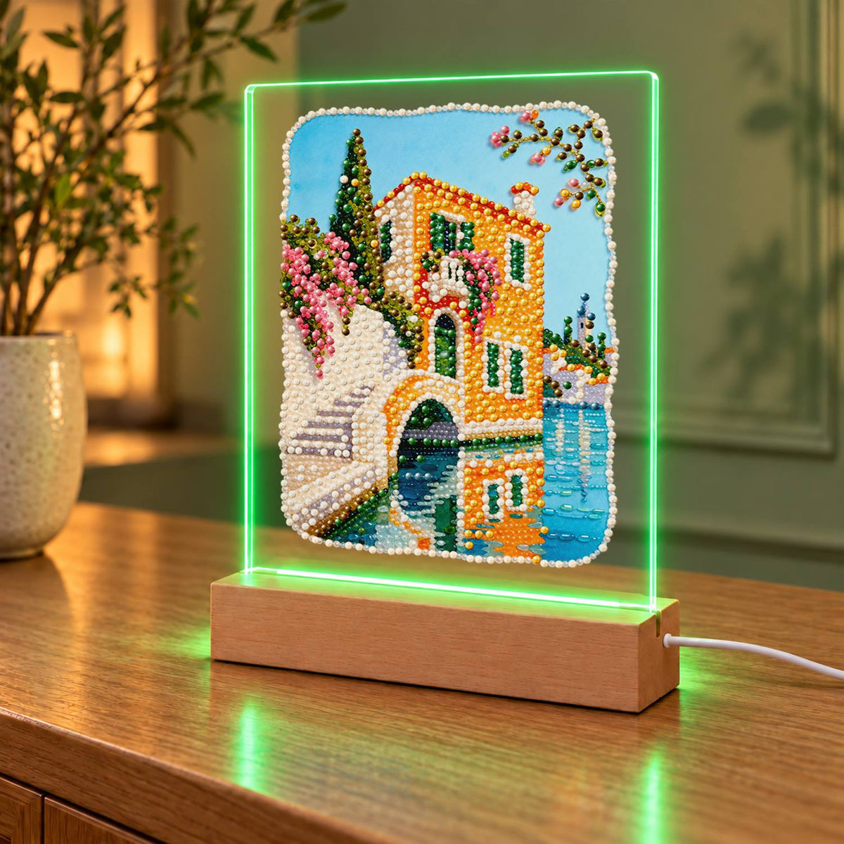 Canal-Side Villa and Stone Bridge (Light-Up Pearl Painting)