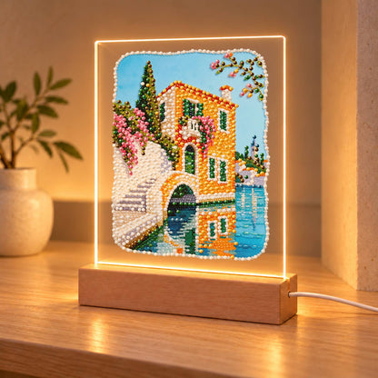 Canal-Side Villa and Stone Bridge (Light-Up Pearl Painting)
