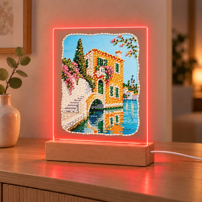 Canal-Side Villa and Stone Bridge (Light-Up Pearl Painting)