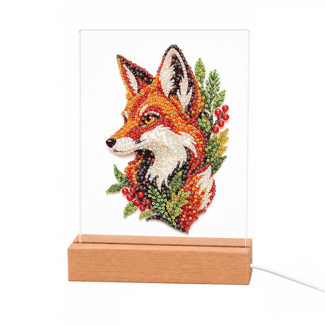 Fox Portrait with Red Berries light-up pearl painting – Red fox head in profile framed by green leaves and clusters of red berries