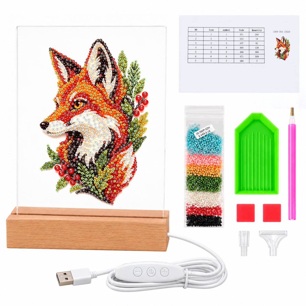 Fox Portrait with Red Berries (Light-Up Pearl Painting)