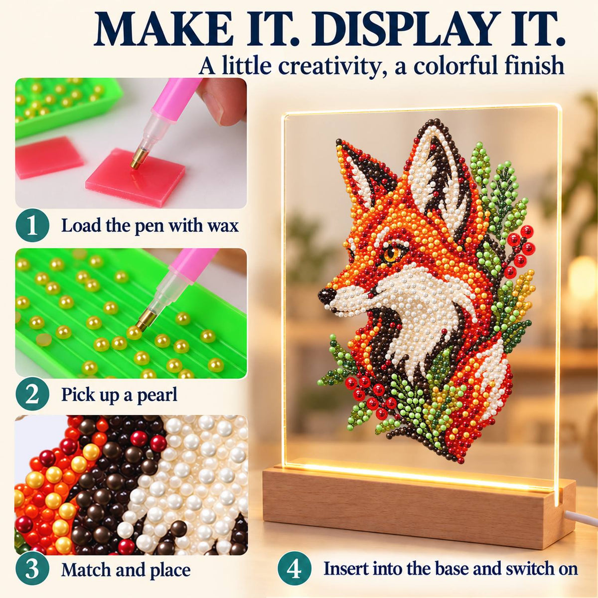 Fox Portrait with Red Berries (Light-Up Pearl Painting)