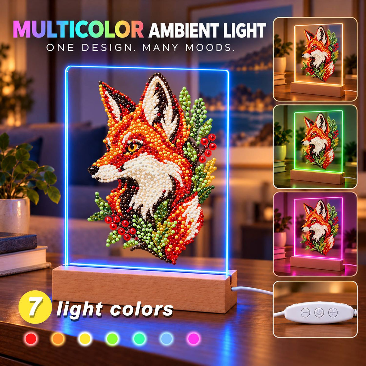 Fox Portrait with Red Berries (Light-Up Pearl Painting)