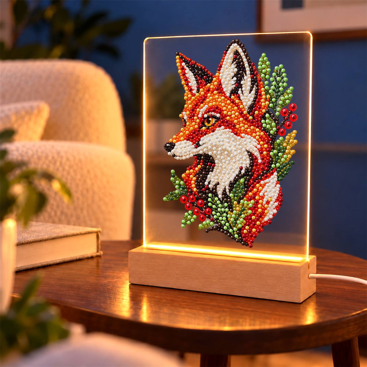 Fox Portrait with Red Berries (Light-Up Pearl Painting)