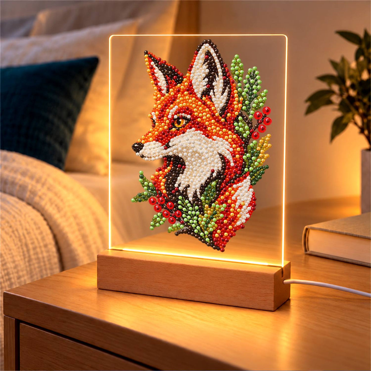 Fox Portrait with Red Berries (Light-Up Pearl Painting)