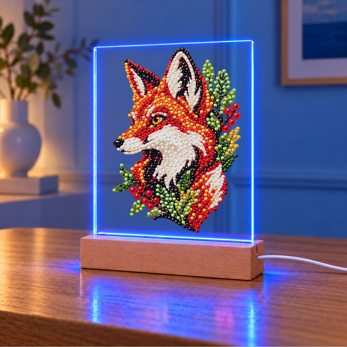 Fox Portrait with Red Berries (Light-Up Pearl Painting)