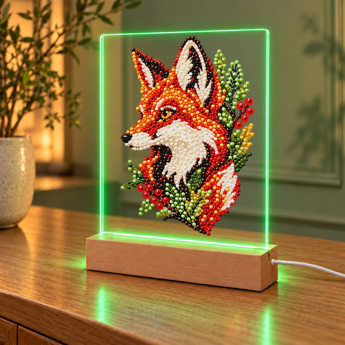 Fox Portrait with Red Berries (Light-Up Pearl Painting)