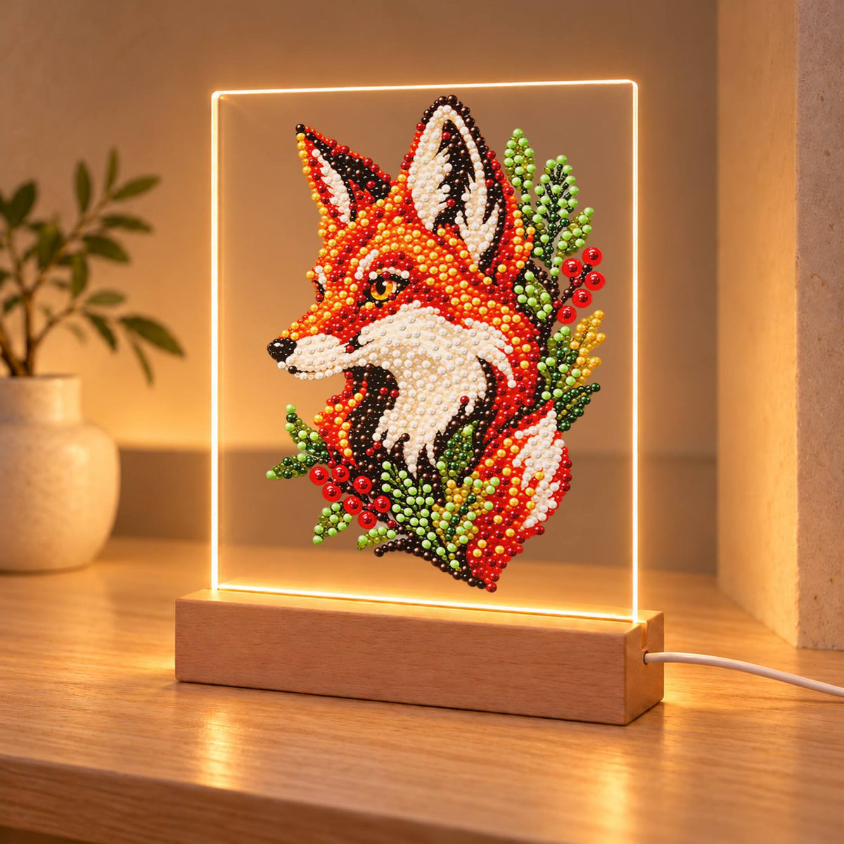 Fox Portrait with Red Berries (Light-Up Pearl Painting)