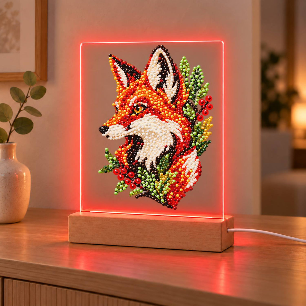 Fox Portrait with Red Berries (Light-Up Pearl Painting)