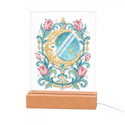 Crescent Moon Mirror with Tulips light-up pearl painting – Ornate round mirror with a sleeping crescent moon face, teal scrollwork, gold stars and pink tulips