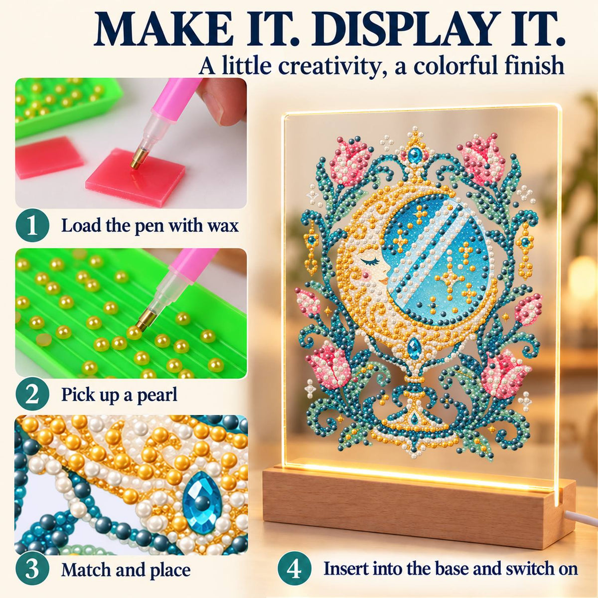 Crescent Moon Mirror with Tulips (Light-Up Pearl Painting)