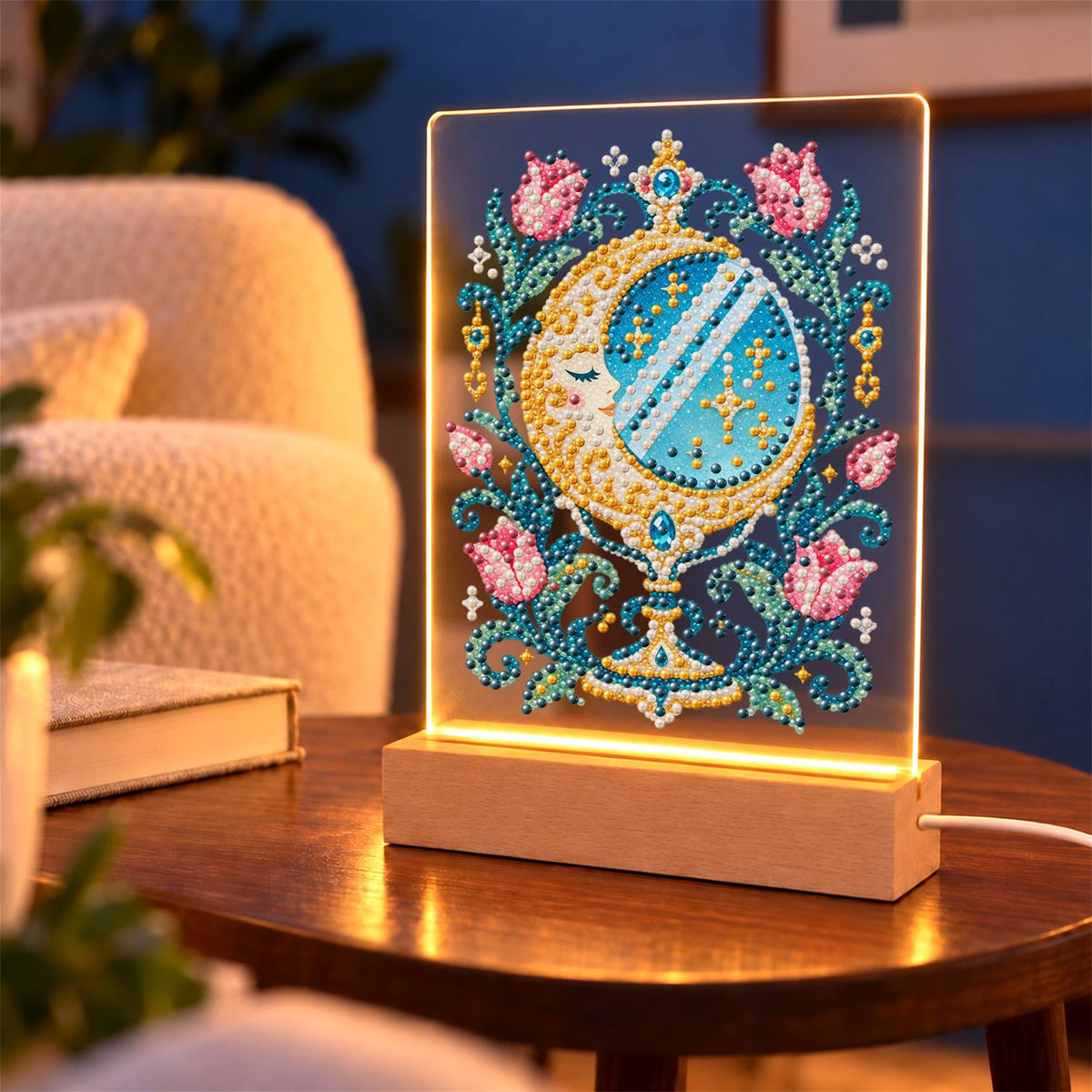 Crescent Moon Mirror with Tulips (Light-Up Pearl Painting)