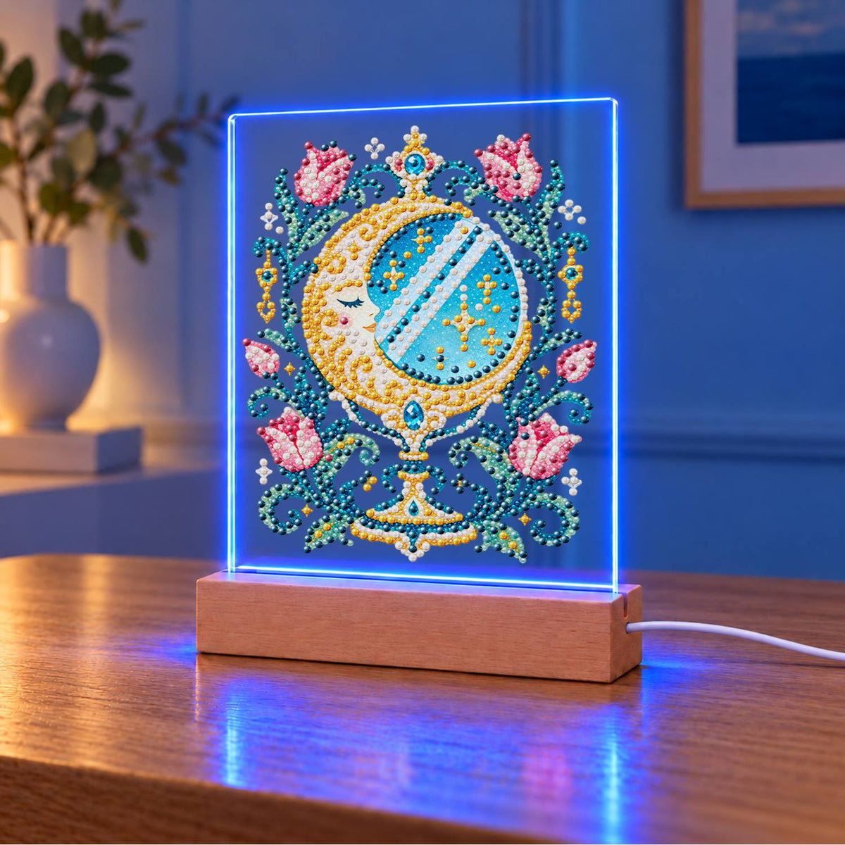 Crescent Moon Mirror with Tulips (Light-Up Pearl Painting)