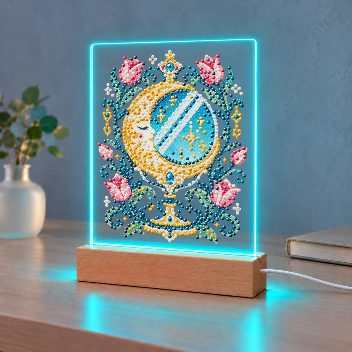Crescent Moon Mirror with Tulips (Light-Up Pearl Painting)